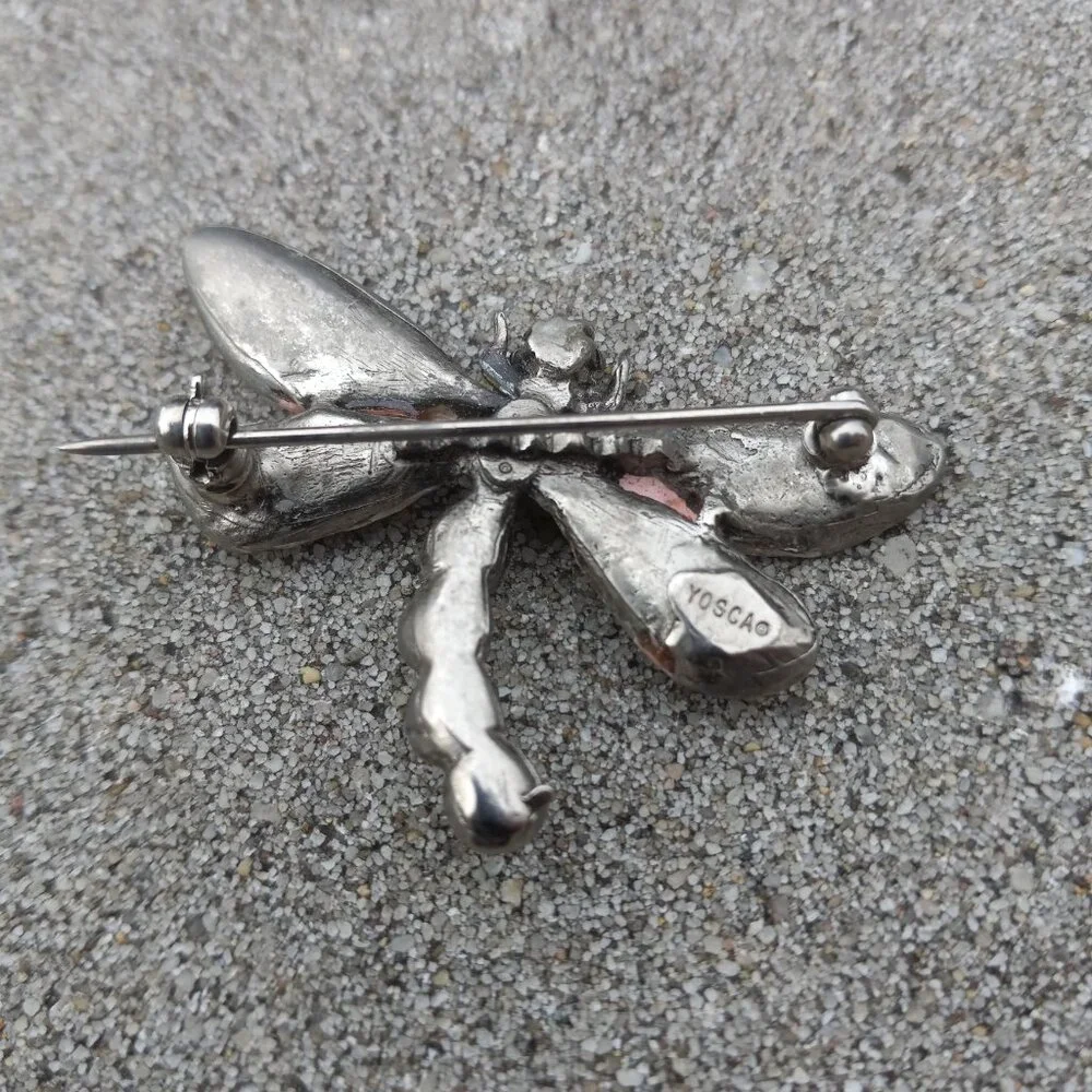 Gerard Yosca Brooch Figural  Vintage Enamel Dragonfly in Silver, Orange + White